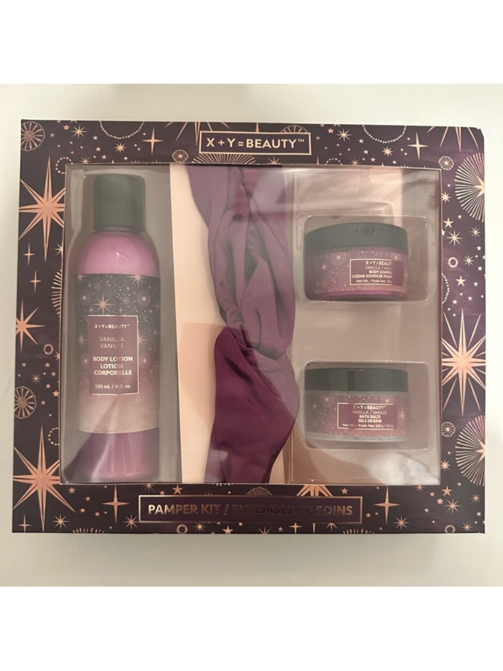 X + Y = Beauty Pamper Kit Vanilla Gift Set Body Lotion & Soufflé, Bath Salts NEW